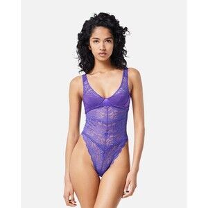 NWT $875 Versace Runway SS23 Bodysuit Bustier Satin Lace Purple Size 1B/ 32B/ XS